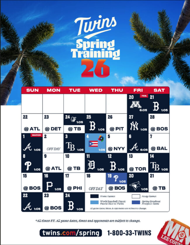On Deck Sunshine Twins Baseball 2026 Twins Spring Training TWINS SPRING TRAINING SCHEDULE COVER Scaled 1 650x840 